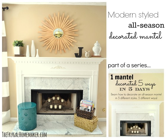Modern styled all season decorated mantel