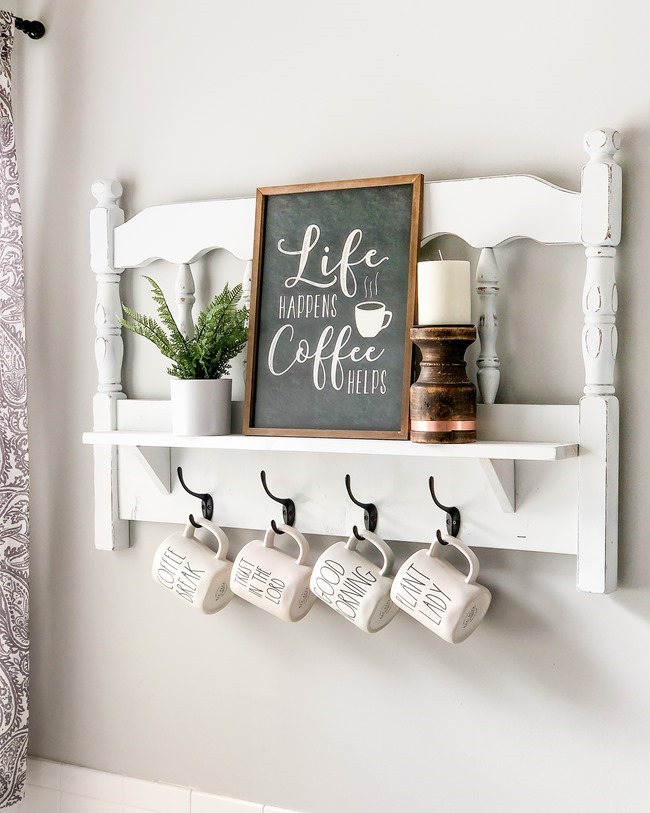 Repurposed headboard turned coffee bar shelf-1