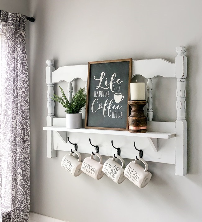 Repurposed headboard turned coffee bar shelf-2