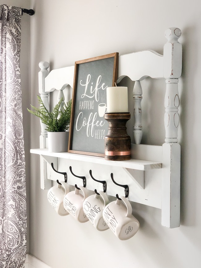Repurposed headboard turned coffee bar shelf-3