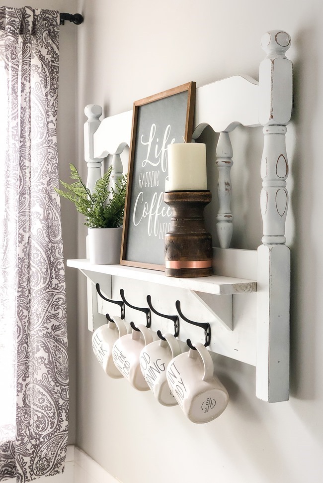 Repurposed headboard turned coffee bar shelf-4