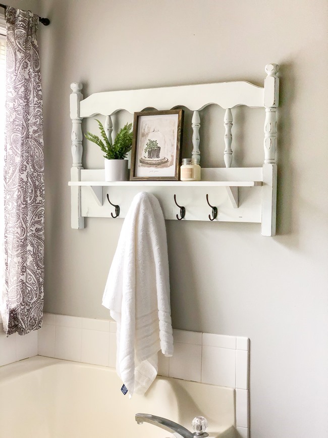 Repurposed headboard turned towel rack and shelf-3
