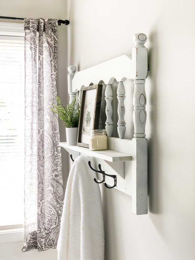 Repurposed headboard turned towel rack and shelf-7