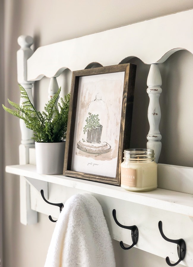 Repurposed headboard turned towel rack and shelf-9