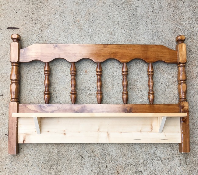 Repurposed headboard turned towel rack or coffee bar shelf -2